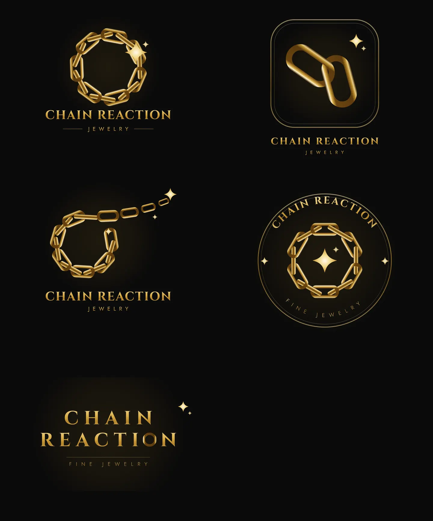 Contact sheet of all five Chain Reaction Jewelry logo concepts