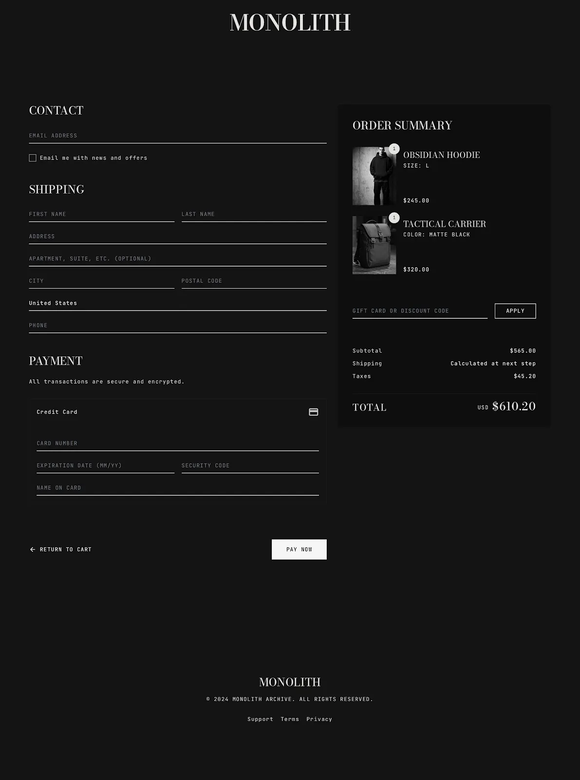 The MONOLITH checkout