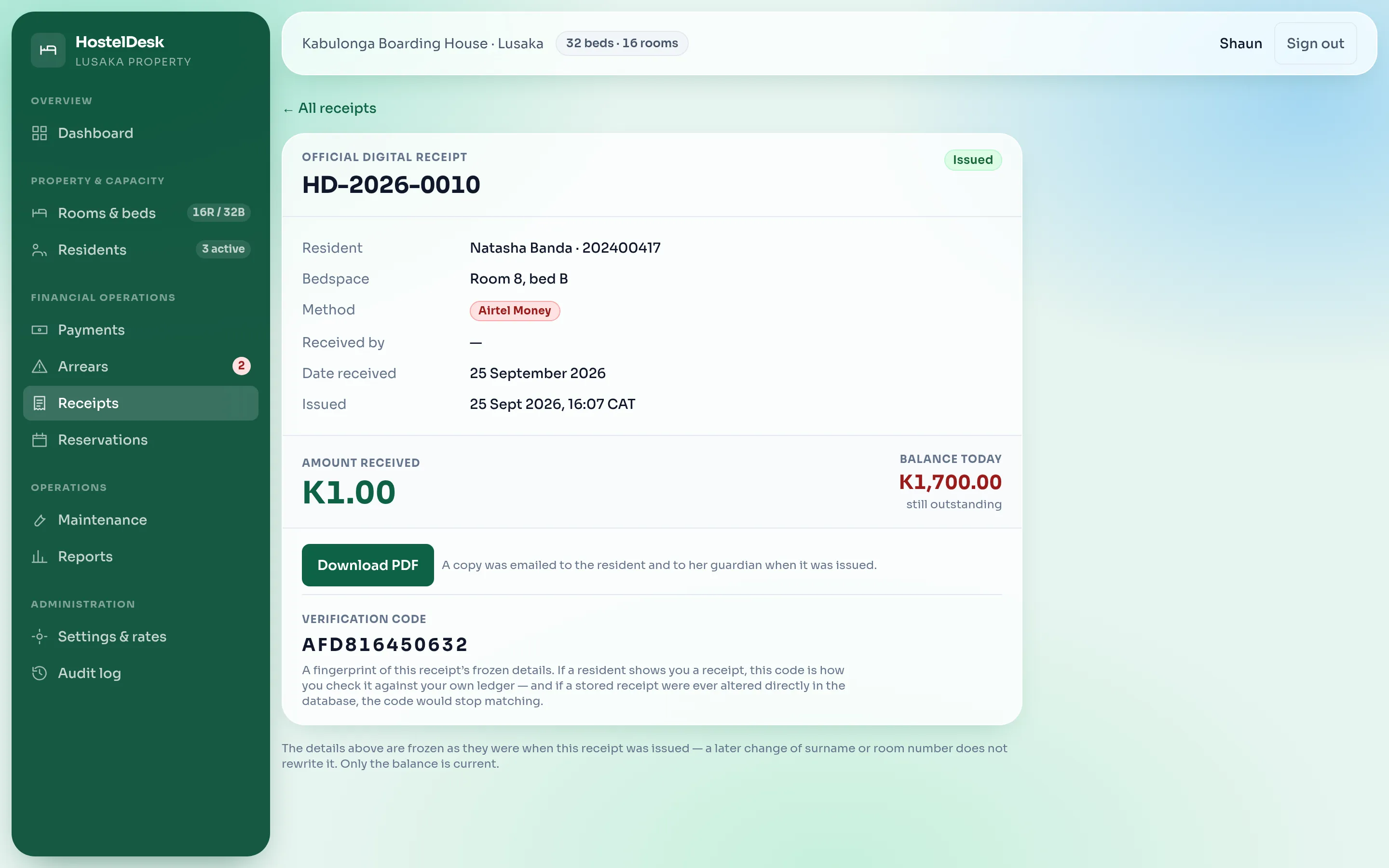 A numbered HostelDesk receipt