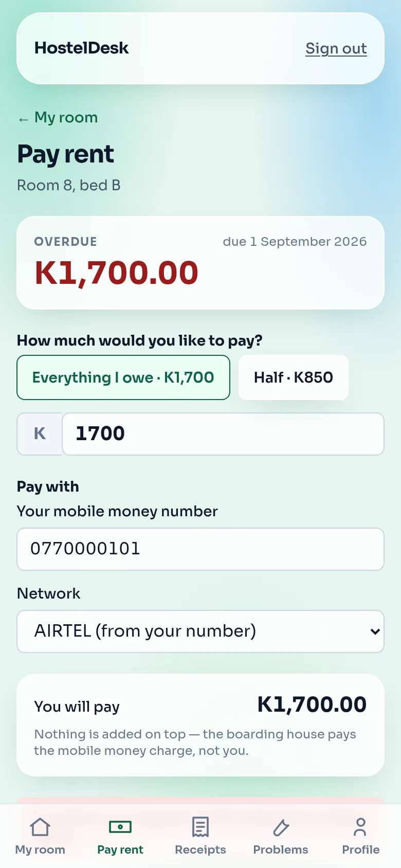 Paying rent by mobile money on a phone